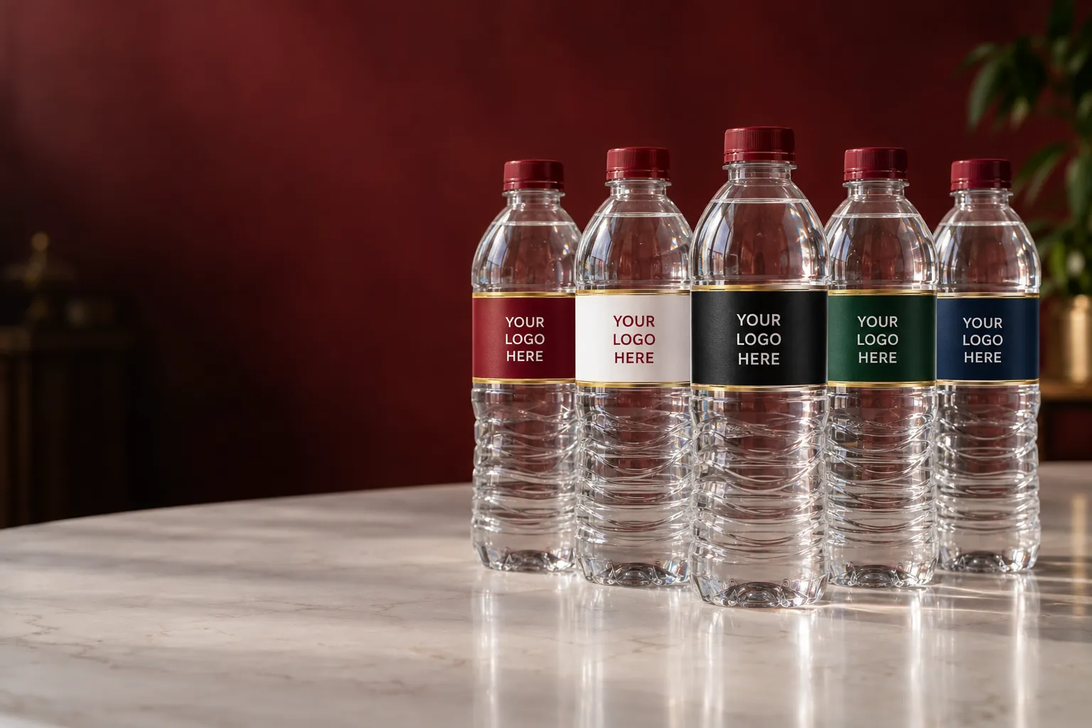 Five custom label water bottles with different label colours
