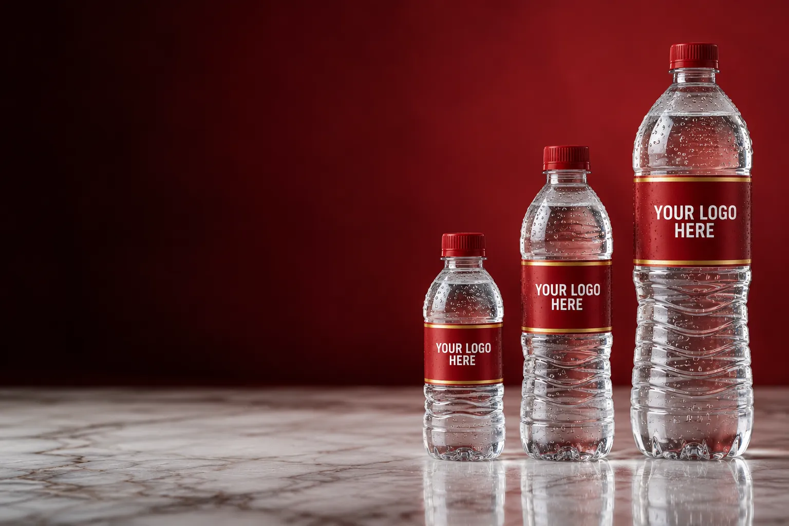 Custom label water bottles in three sizes: 300 ml, 500 ml and 1.5 litre, each with a red label reading Your Logo Here