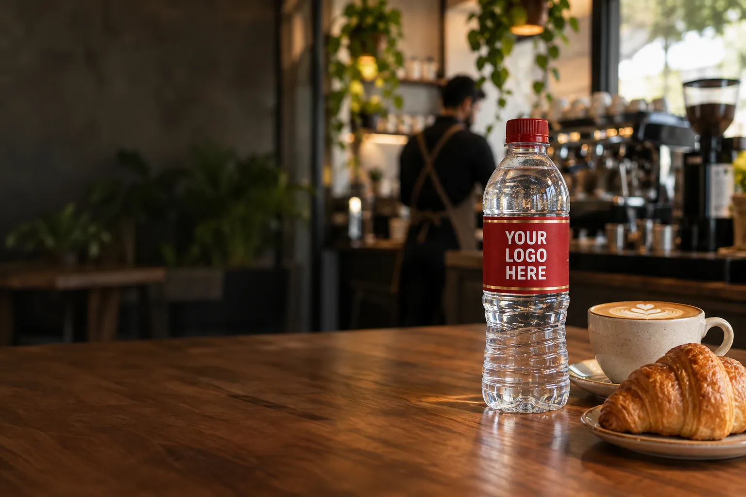 Branded water bottle on a cafe table beside a cappuccino and a croissant
