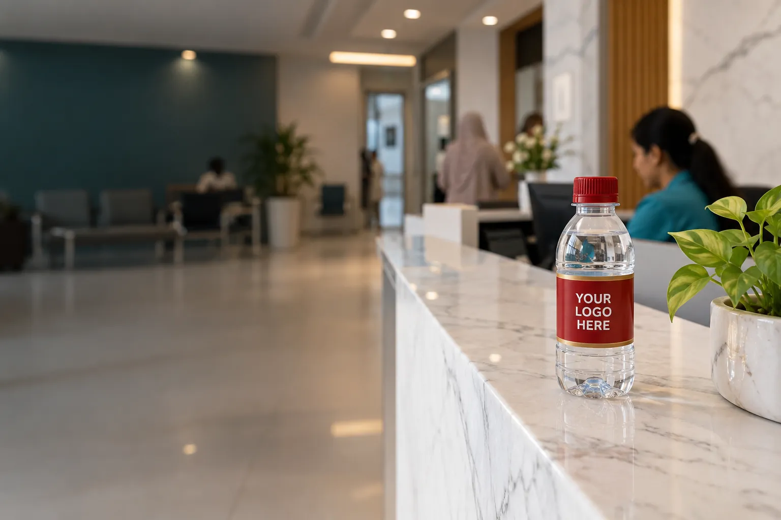 Custom label water bottle on a clinic reception desk