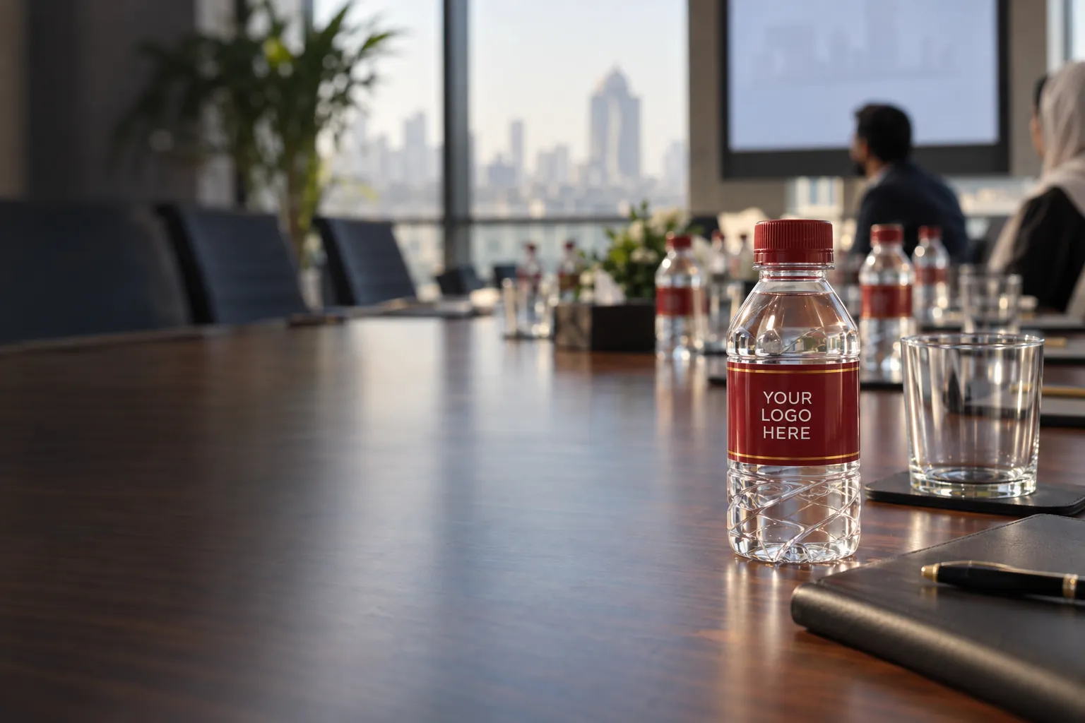 Custom label water bottles set out on a conference table for a corporate event