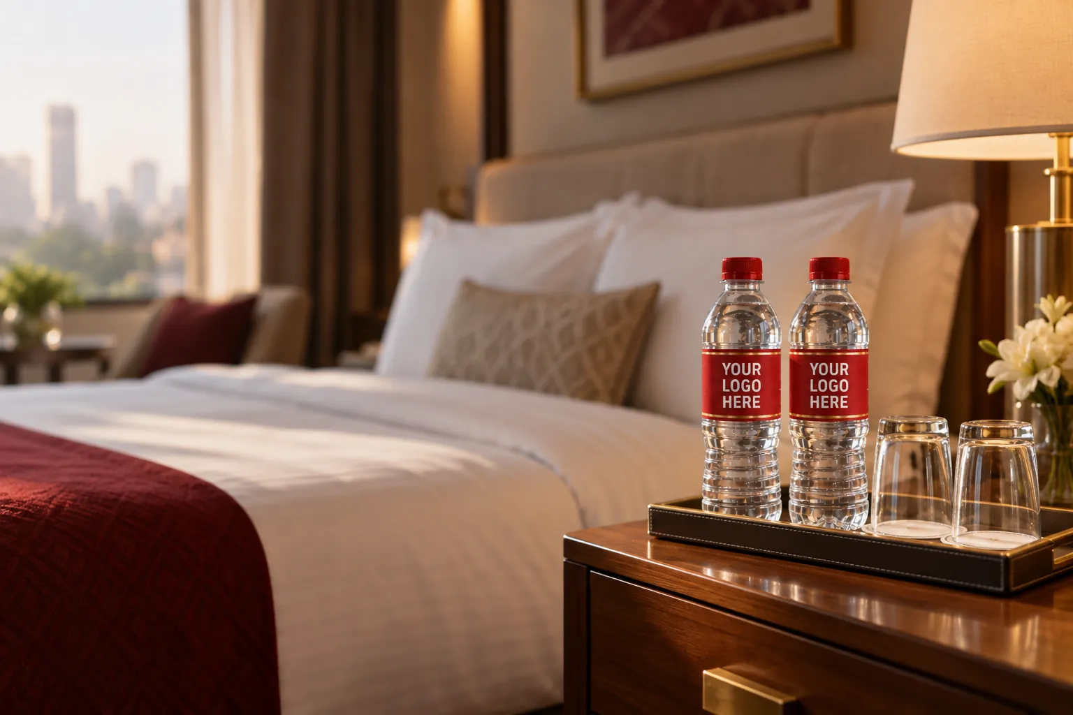 Two hotel branded water bottles on a tray beside the bed in a hotel room