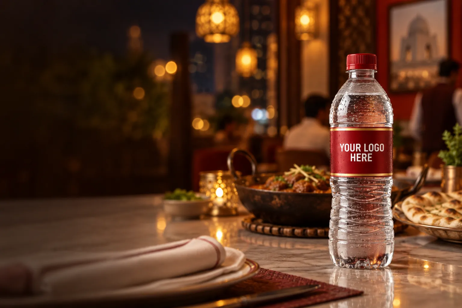Custom label water bottle on a restaurant table in Karachi next to a karahi and naan