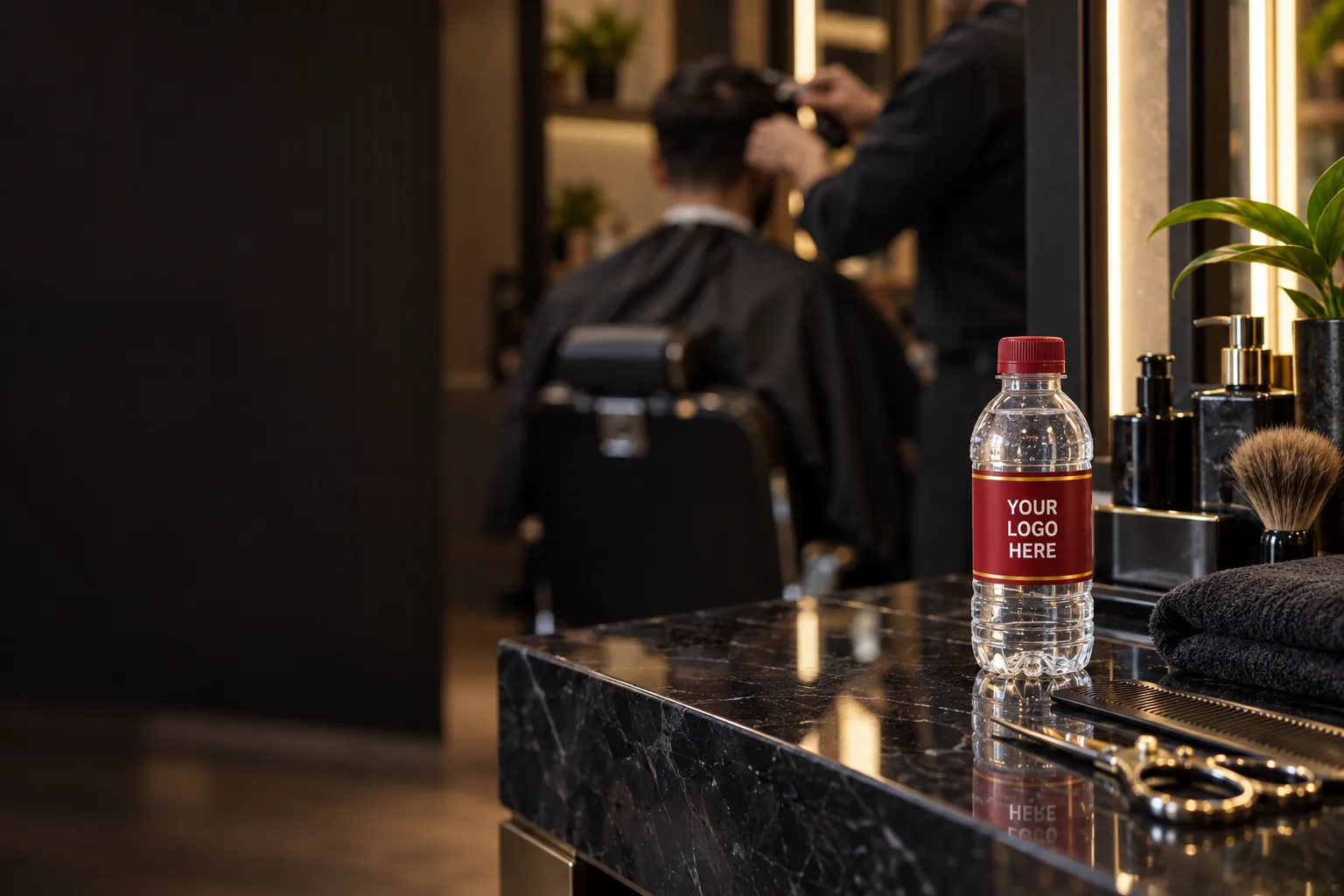 Custom label water bottle on a barber shop counter