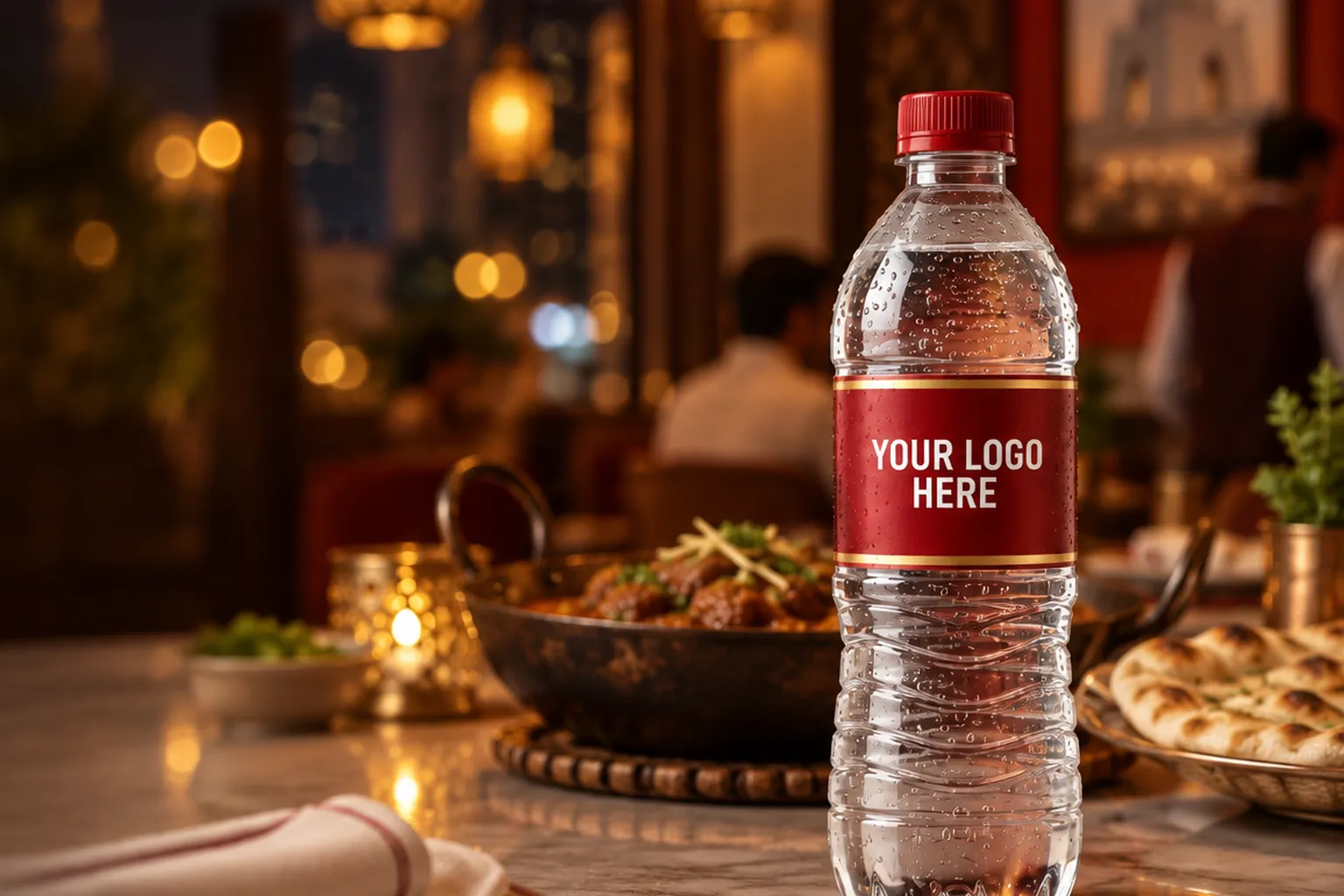 Custom label water bottle on a candle-lit dinner table laid for an evening event