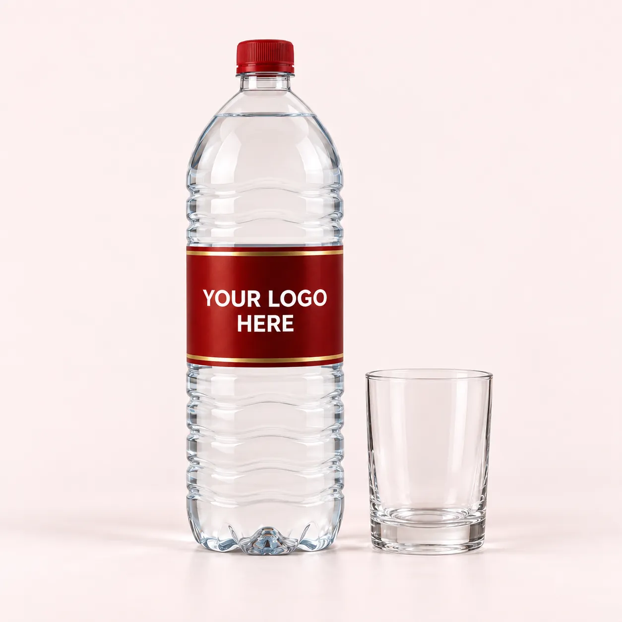 1.5 litre custom label water bottle next to a drinking glass for scale