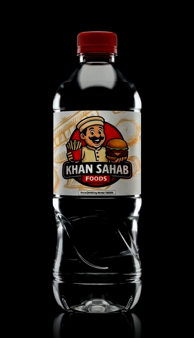 Khan Sahab Foods custom label water bottle by Siratim
