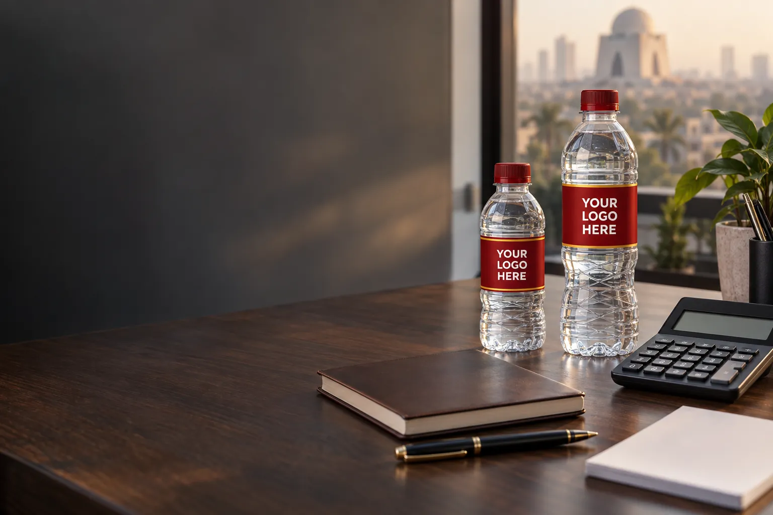 Custom label water bottles beside a calculator and notebook