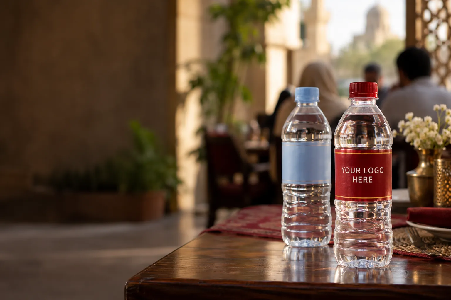 A private label water bottle next to a plain unbranded bottle