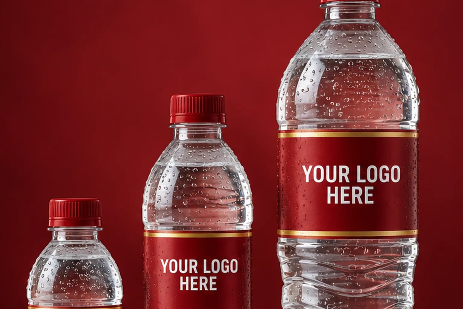 Close-up of water droplets on custom label water bottles, the red labels still clean and readable