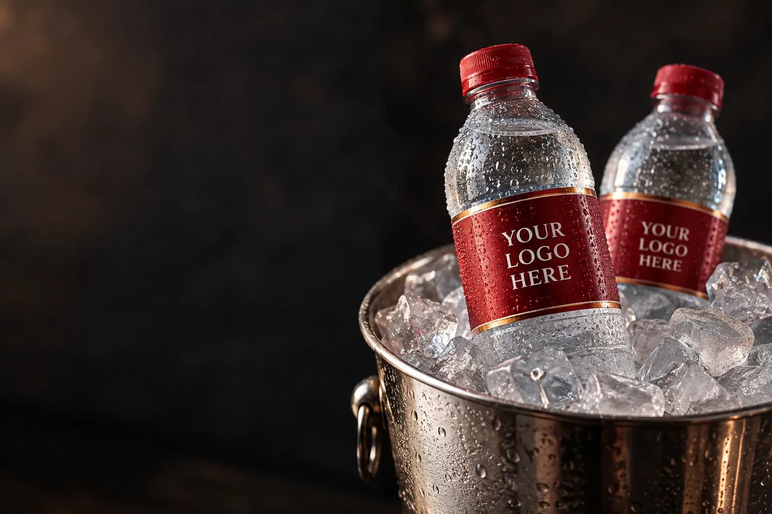 Custom label water bottles in an ice bucket with the labels intact