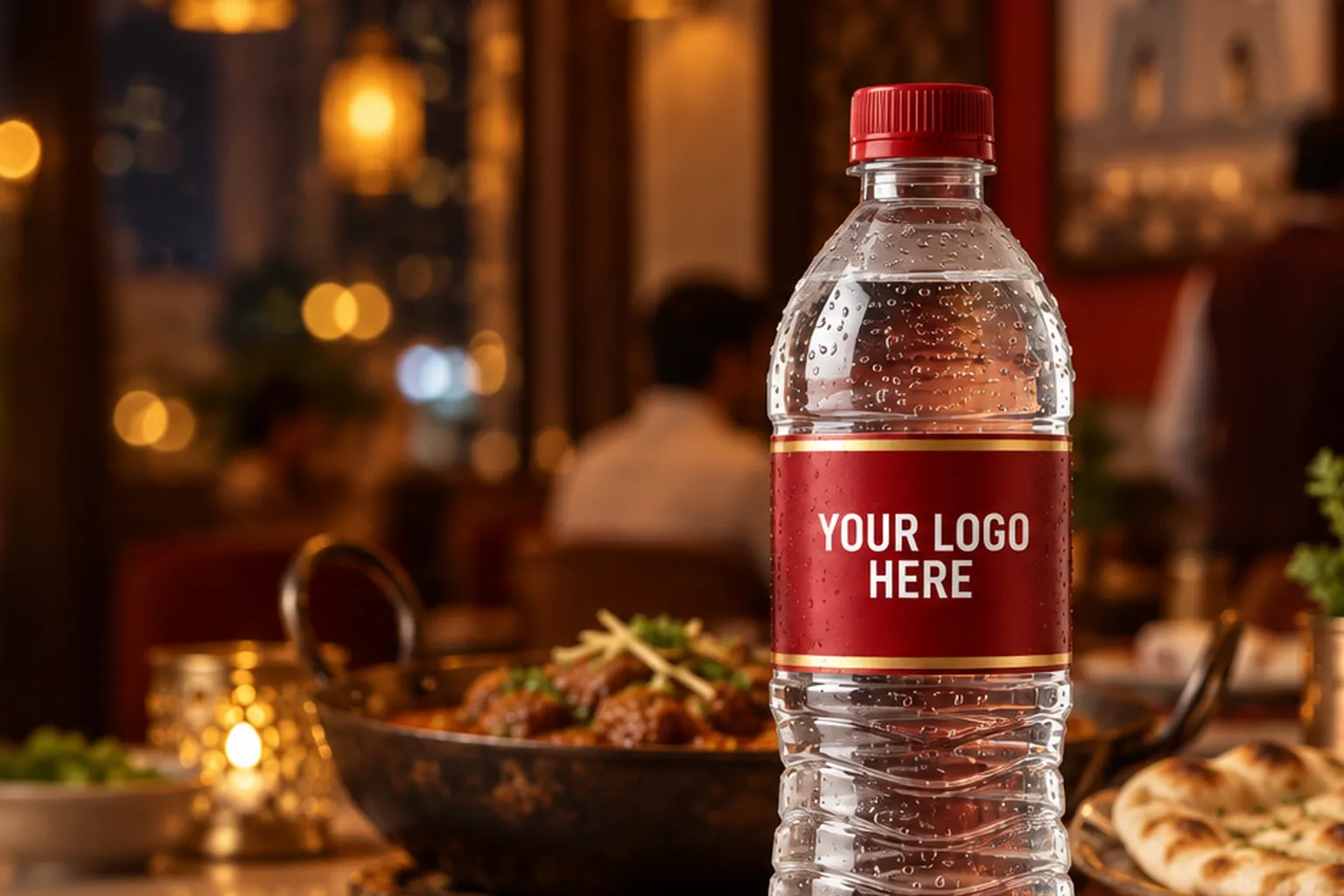 Custom label water bottle on a dinner table set for guests, with warm lantern lights behind