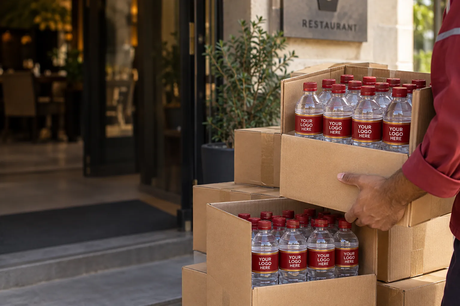 Cartons of custom label water bottles being delivered to a restaurant in Karachi