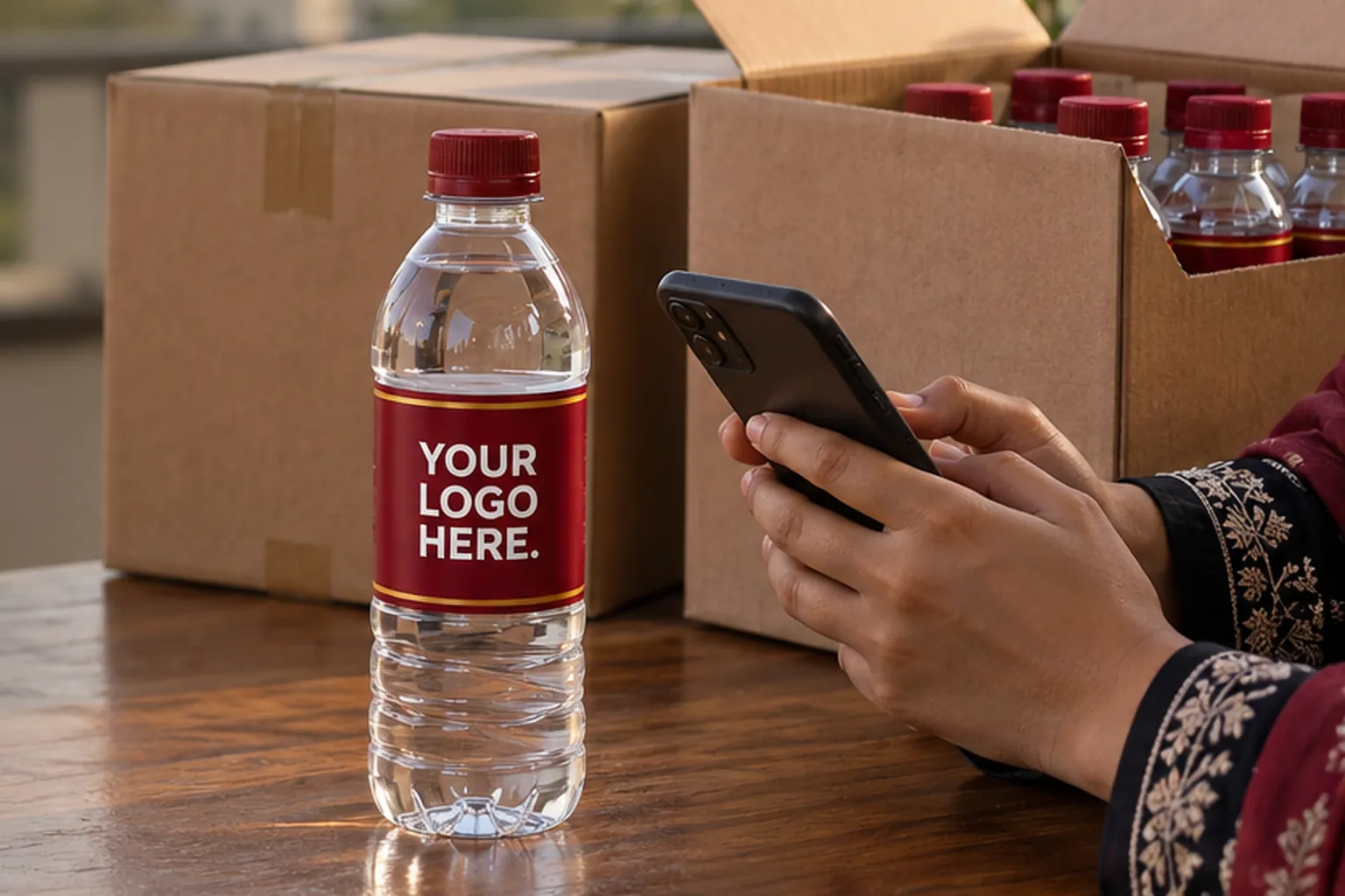Sending a WhatsApp message to order custom label water bottles, with a sample bottle and cartons on the table