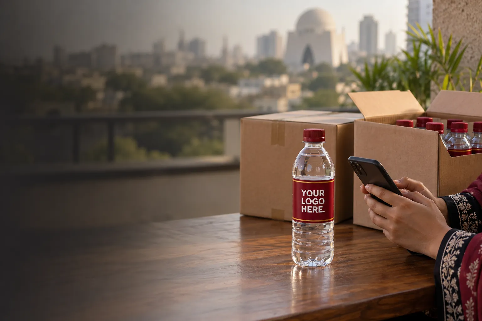 Ordering custom water bottles on WhatsApp, with cartons of labelled bottles on the table
