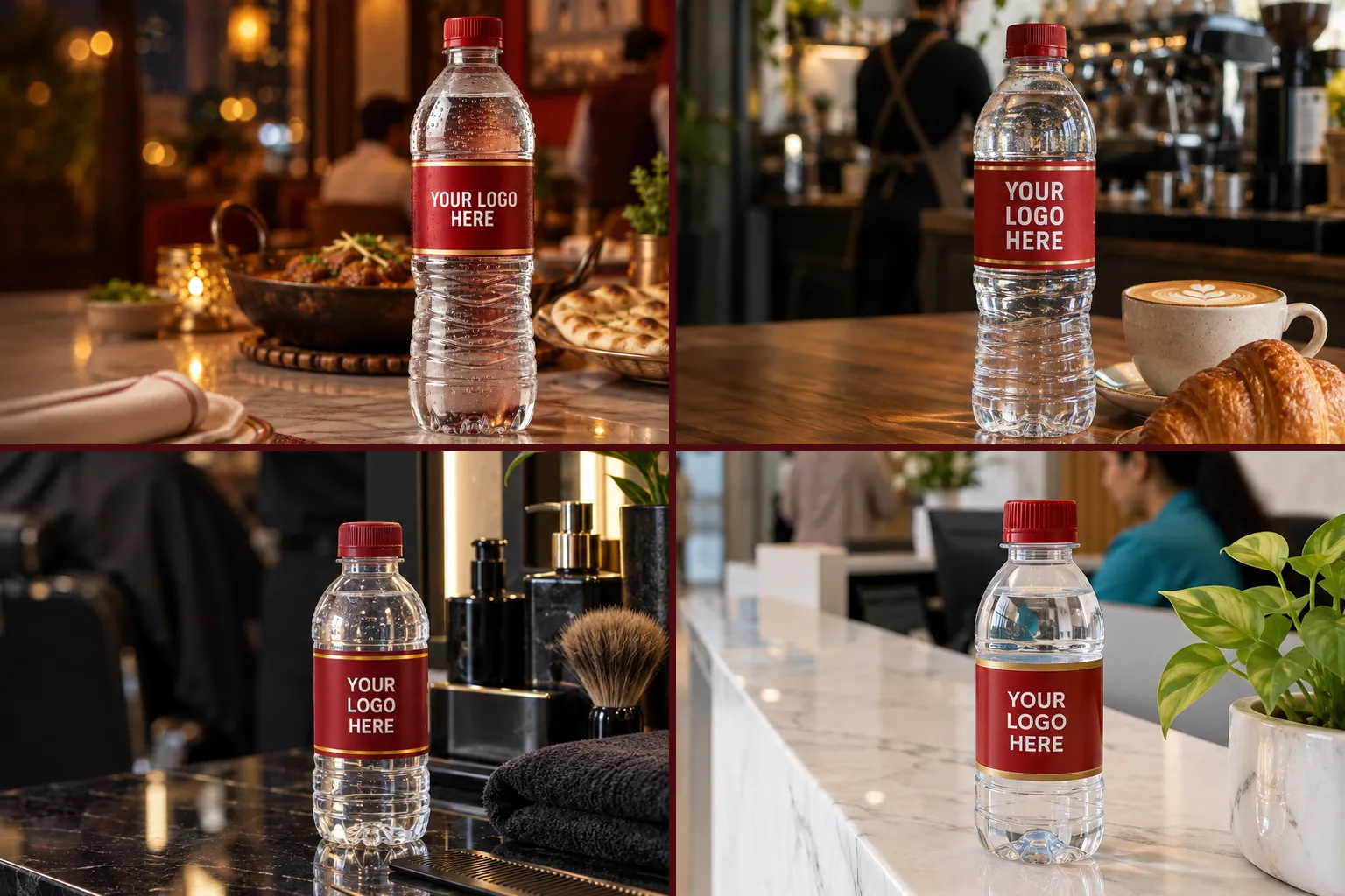 Custom label water bottles in a restaurant, a cafe, a barber shop and a clinic reception