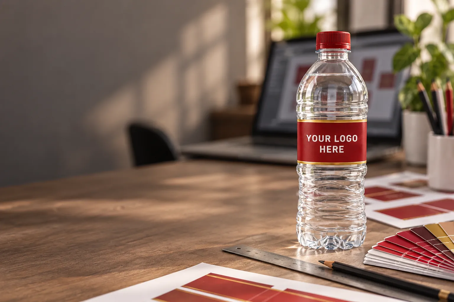 Water bottle label design proofs and colour swatches on a designer's desk